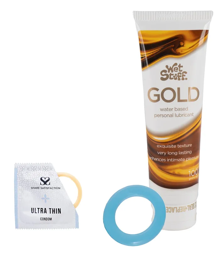 Male Sex Toys Share Satisfaction Ultra Thin 3 Pack Condoms Wet Stuff Gold Cock Ring Bundle Playmate