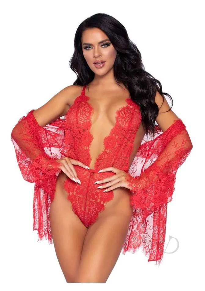 Teddies And Bodies Leg Avenue Inc Love Affair Lace Robe Teddy Set Small Red Lingerie with Plunging Bodysuit and Lace Robe