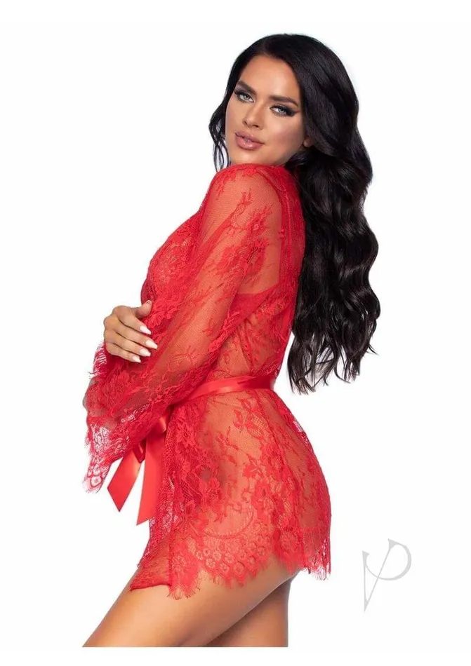Teddies And Bodies Leg Avenue Inc Love Affair Lace Robe Teddy Set Small Red Lingerie with Plunging Bodysuit and Lace Robe