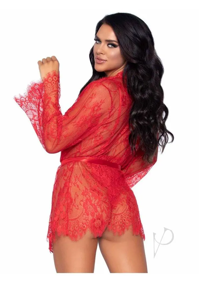 Teddies And Bodies Leg Avenue Inc Love Affair Lace Robe Teddy Set Small Red Lingerie with Plunging Bodysuit and Lace Robe