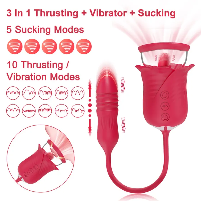 Touch Honey Female Sex Toys Rose Tongue 3 In 1 Vibrating Sucking Vibrator Stimulator With Thrusting Dildo