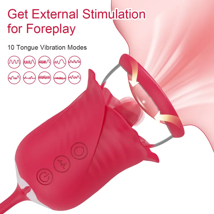 Touch Honey Female Sex Toys Rose Tongue 3 In 1 Vibrating Sucking Vibrator Stimulator With Thrusting Dildo