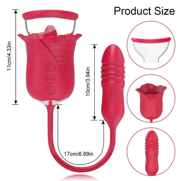 Touch Honey Female Sex Toys Rose Tongue 3 In 1 Vibrating Sucking Vibrator Stimulator With Thrusting Dildo