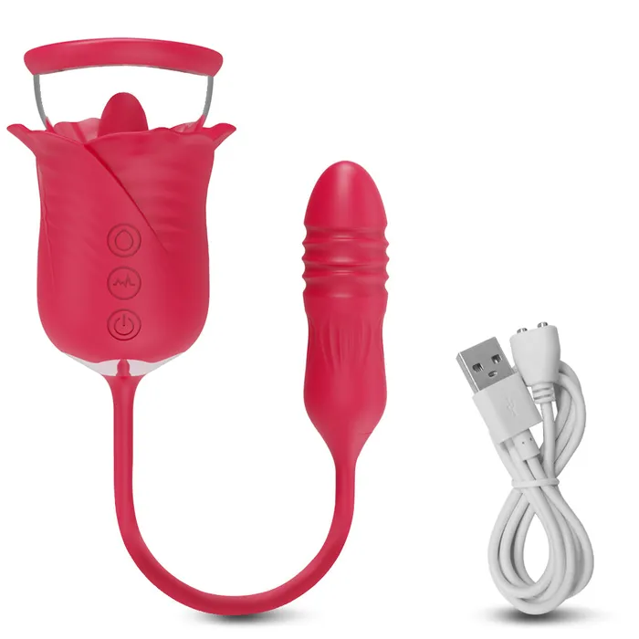 Touch Honey Female Sex Toys Rose Tongue 3 In 1 Vibrating Sucking Vibrator Stimulator With Thrusting Dildo