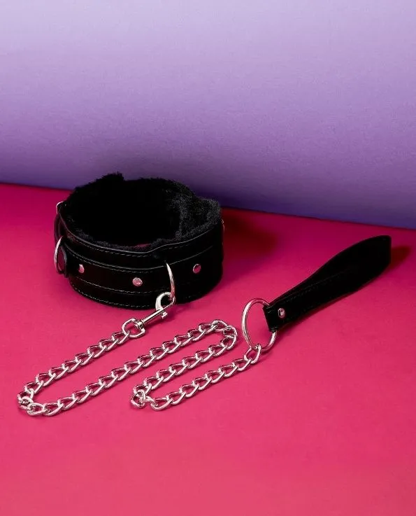 Hedonist Restraints Furry Leather Bondage Collar with Leash Bundle