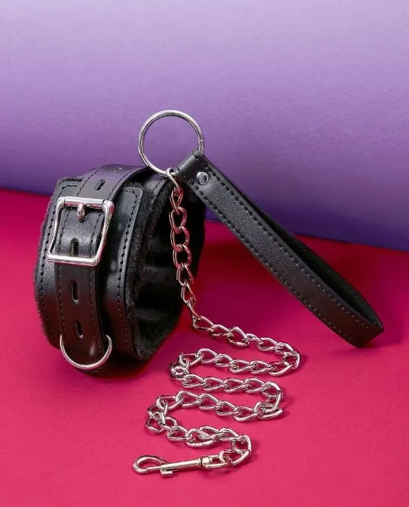 Hedonist Restraints Furry Leather Bondage Collar with Leash Bundle