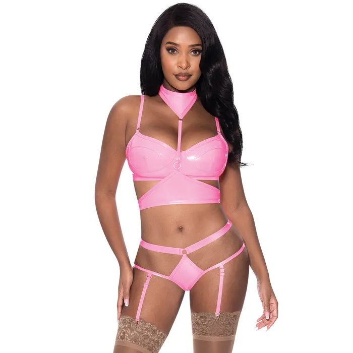 Female Sex Toys Magic Silk Exposed Wet Look Bra Choker Harness Gartered Cutout Panty Set