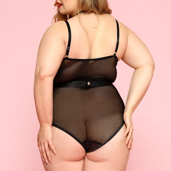JSY Teddies And Bodies JSY Wet Look Mesh CrissCross Strappy Bodysuit Curvy