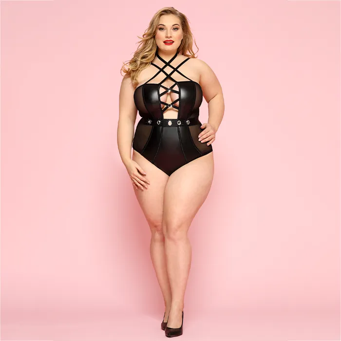 JSY Teddies And Bodies JSY Wet Look Mesh CrissCross Strappy Bodysuit Curvy
