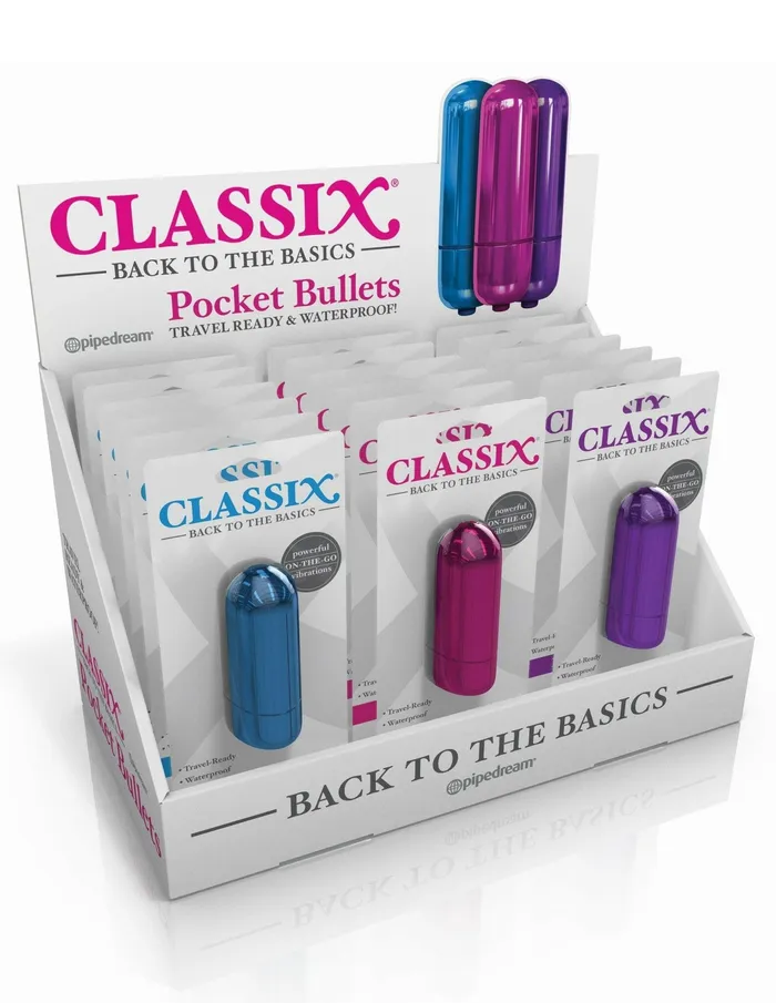 Classix Pocket Bullet Display of 18 Assorted Colors Pipedream Female Sex Toys Classix Pocket Bullet Display of 18 Assorted Colors Pipedream Female Sex Toys