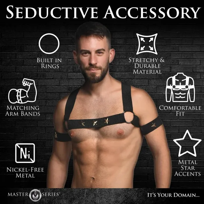 Rave Male Bondage Harness Elastic Chest Harness with Arm Bands SM XR Brands Female Sex Toys