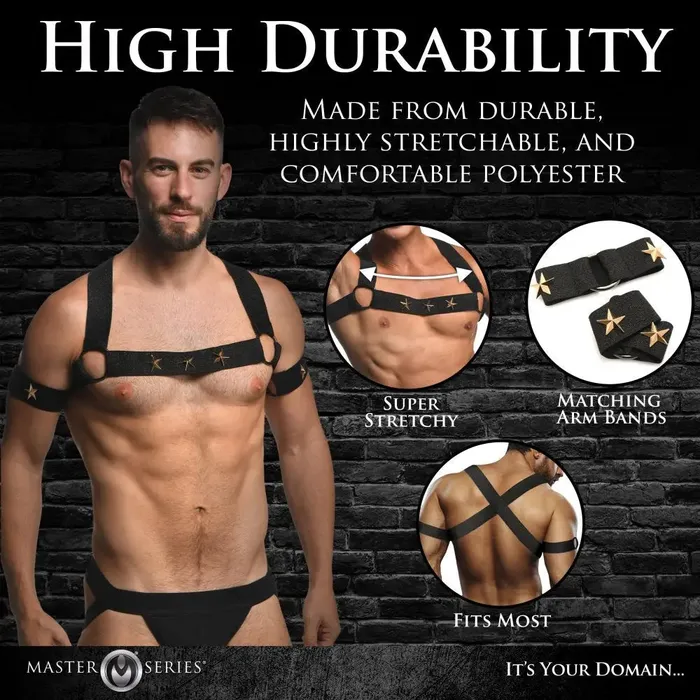 Rave Male Bondage Harness Elastic Chest Harness with Arm Bands SM XR Brands Female Sex Toys