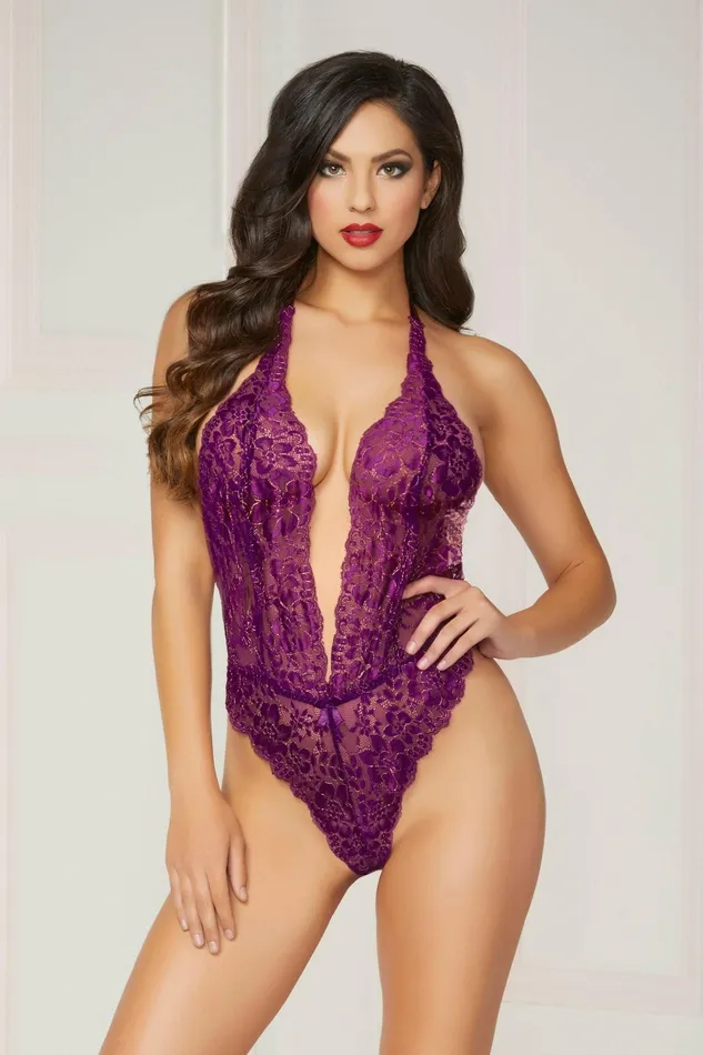Seven Til Midnight Vibrators Floral Lace Teddy One Size Purple