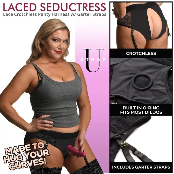 XR Brands Female Sex Toys Laced Seductress Crotchless Panty Harness with Garter Straps 2XL3XL
