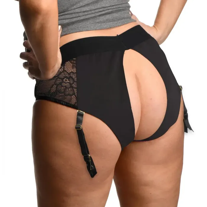 XR Brands Female Sex Toys Laced Seductress Crotchless Panty Harness with Garter Straps 2XL3XL